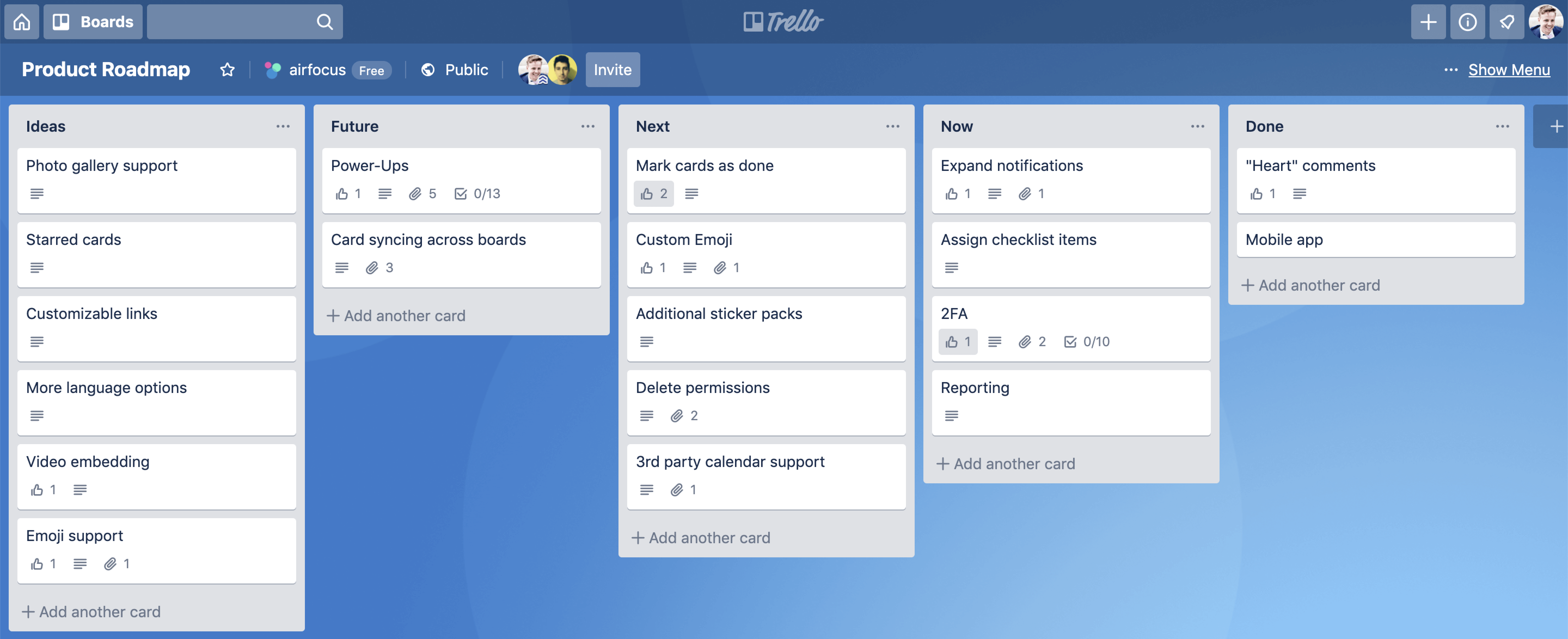 Screenshot of a project board in Trello, a Kanban tool
