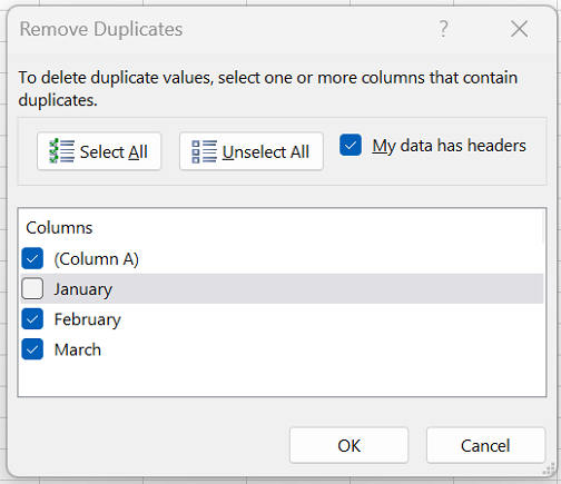 Columns box screenshot for the blog article "How To Remove Duplicates in Excel"