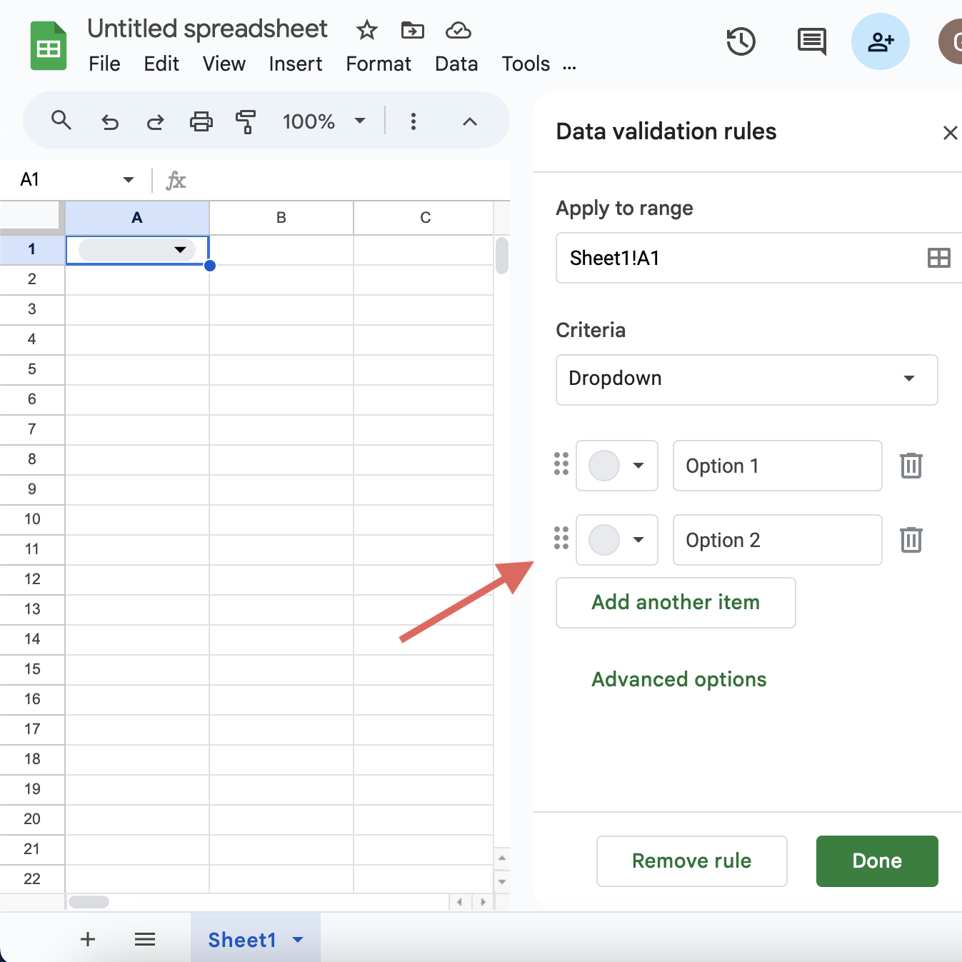 Add and label your options in "Data Validation Rules" menu screenshot for the blog article "How to Add a Drop Down List in Google Sheets: A Step-by-Step Guide"