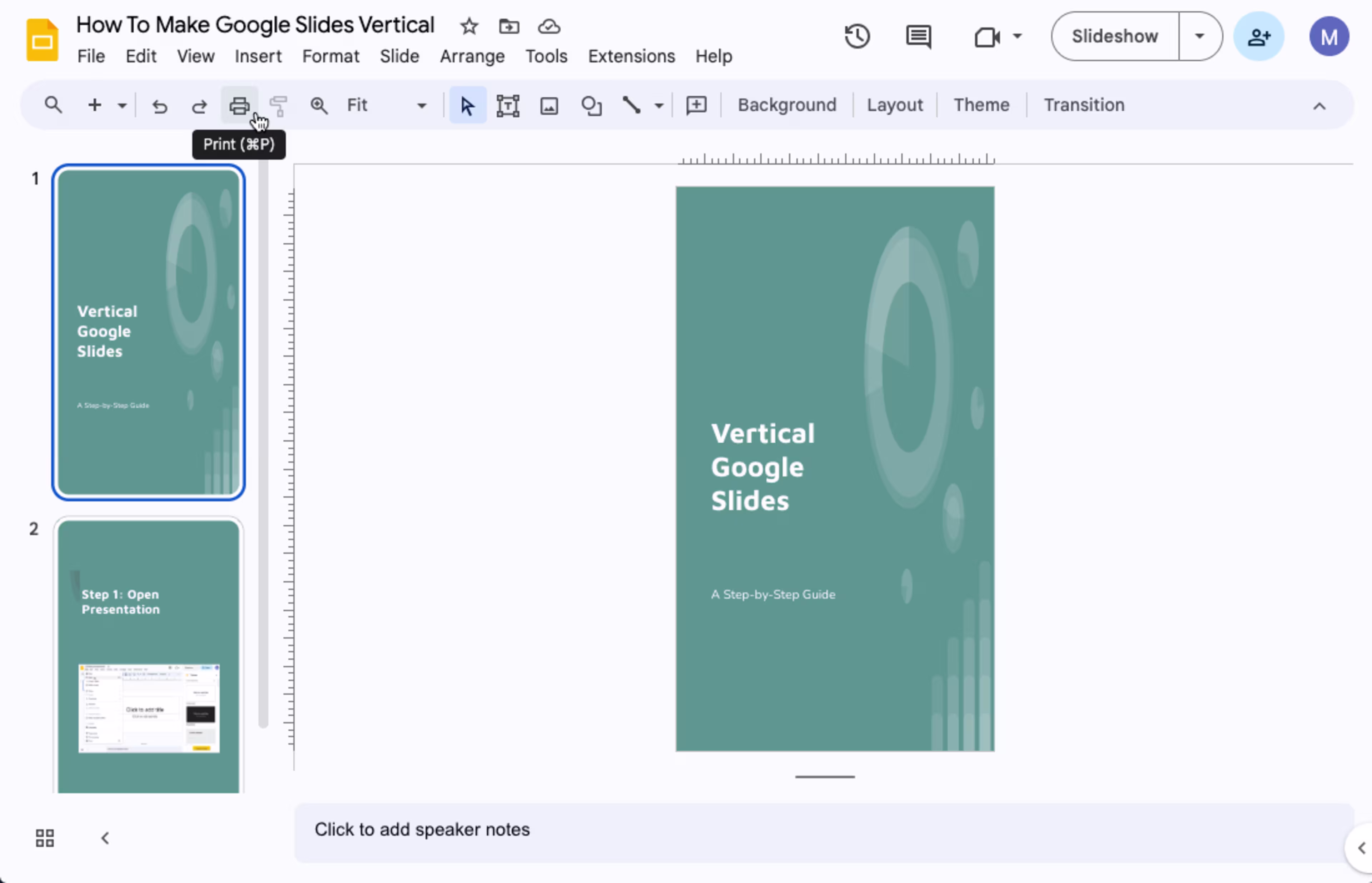 Graphic showing print option in Google Slides