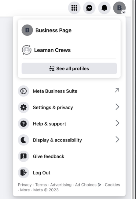 Screenshot of how to access your Facebook business page settings from the Facebook profile menu