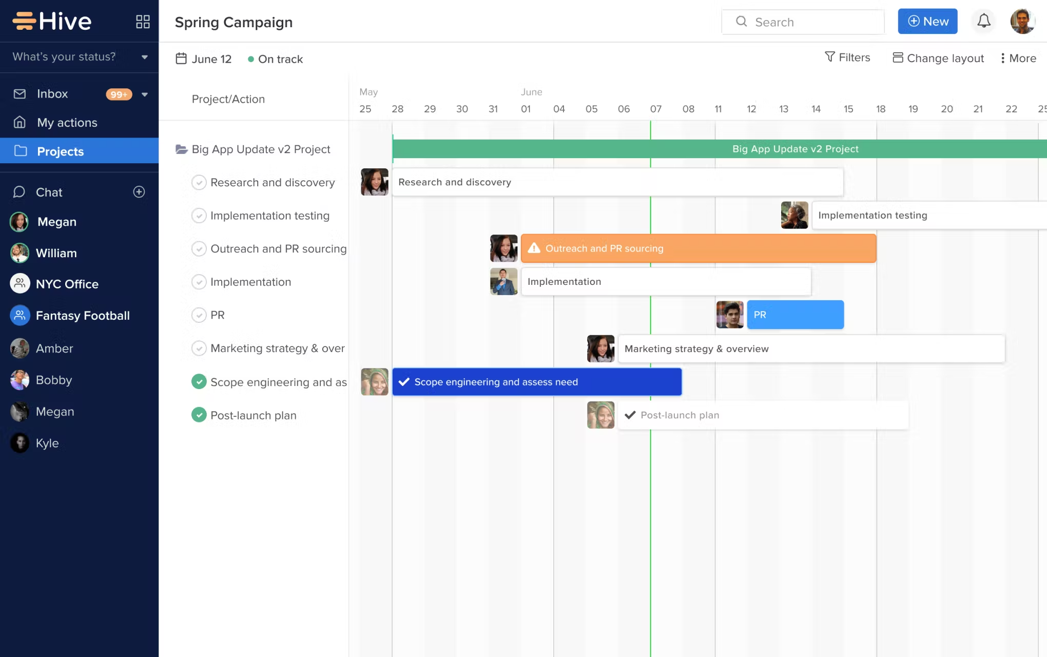 Gantt chart showing overlapping and interdependent tasks in Hive project management software