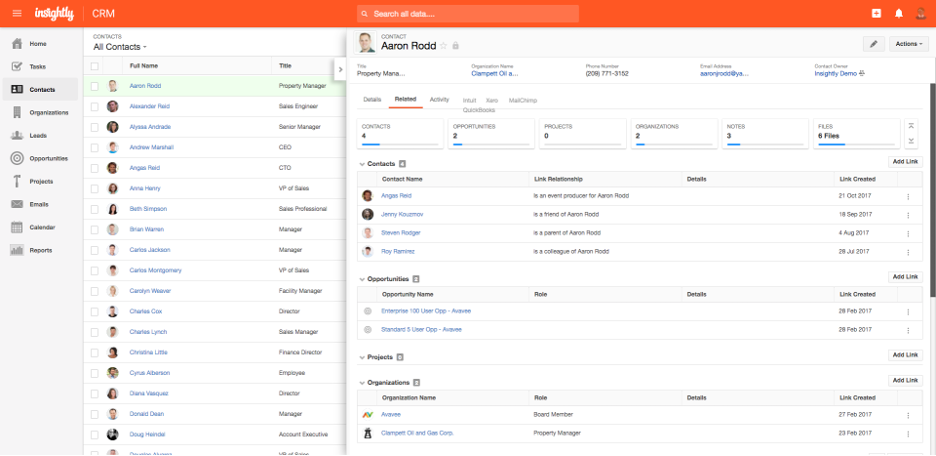 Screenshot of contact management in Insightly CRM