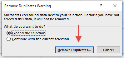 Remove duplicates warning screenshot for the blog article "How To Remove Duplicates in Excel"