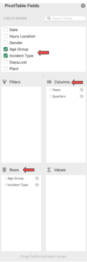 Screenshot showing how to drag fields into the columns and rows sections for the blog article "How To Create a Pivot Table in Excel"