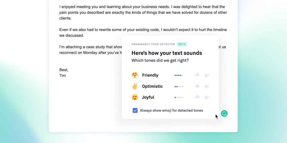 Tone detection functionality shown in proofreading platform Grammarly