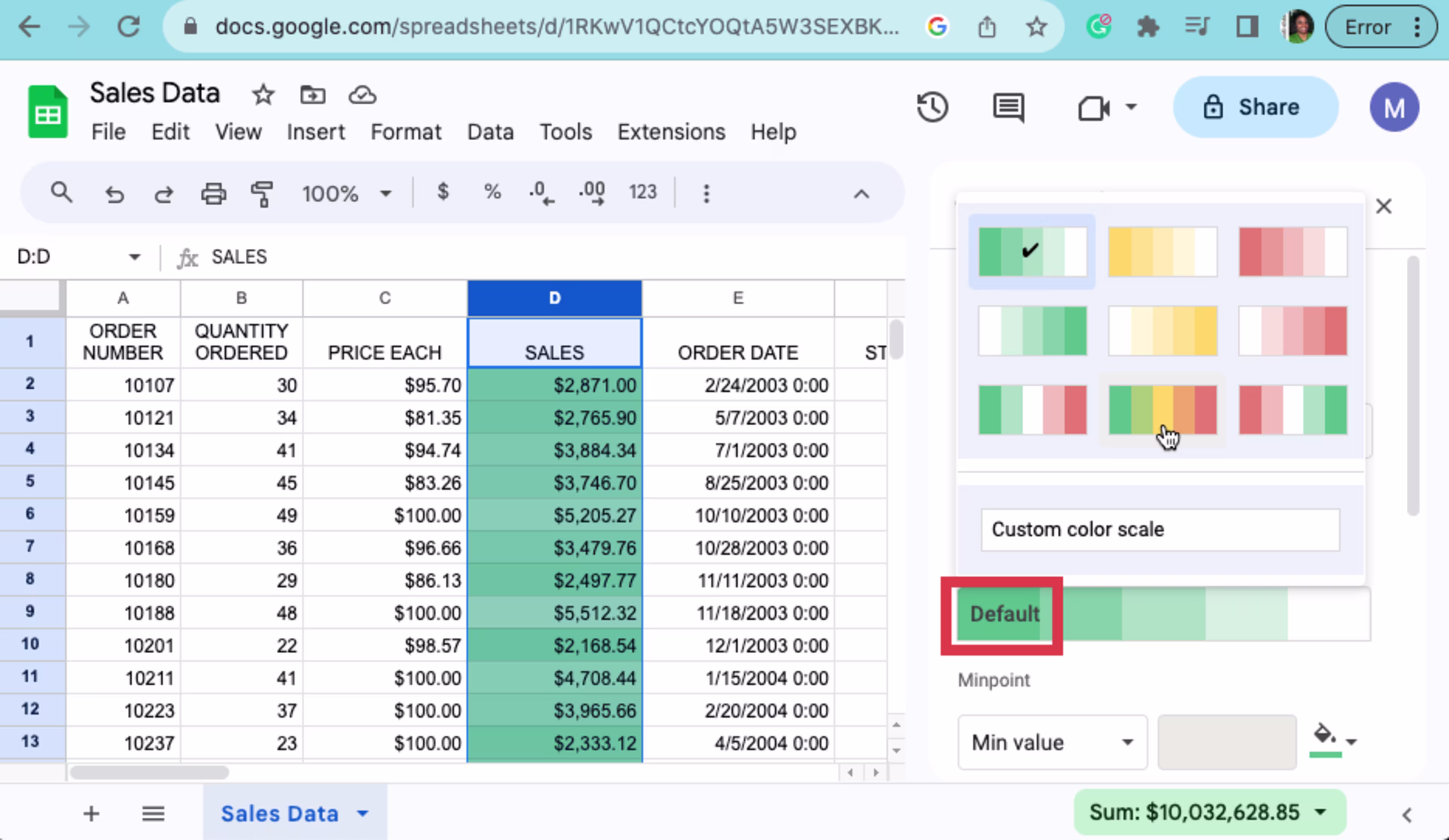 Graphic of default color in Google Sheets