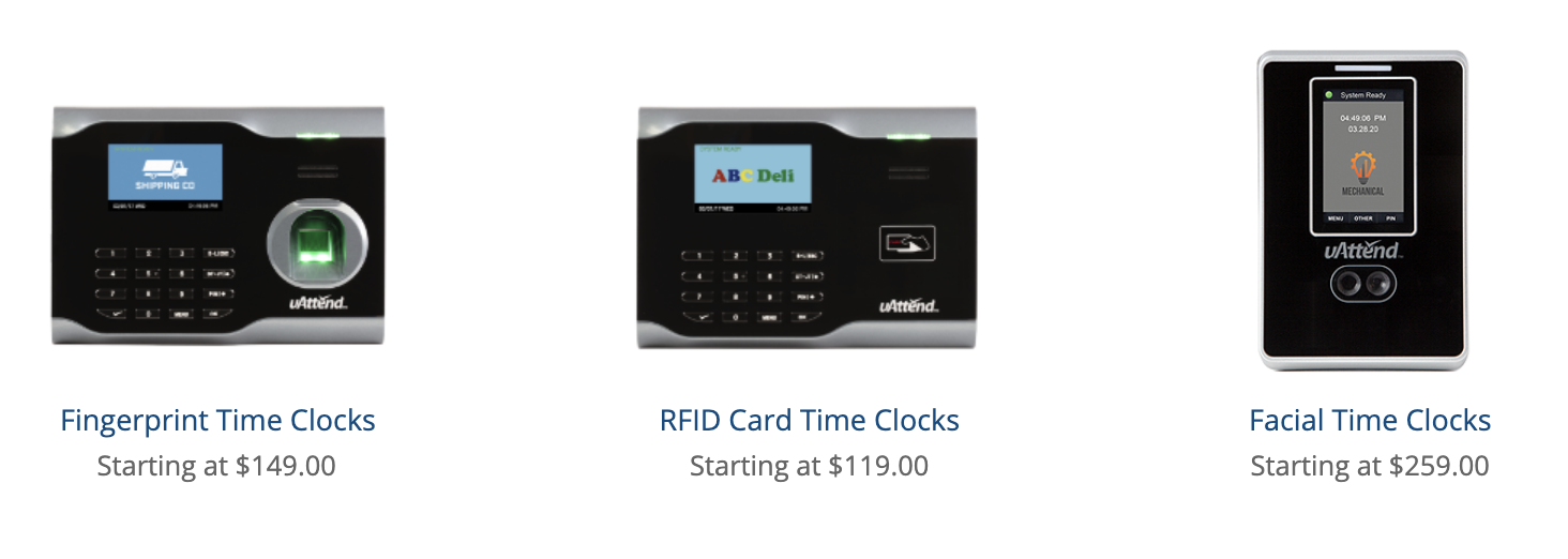Graphic showing uAttend sells time clocks compatible with their software on their website.