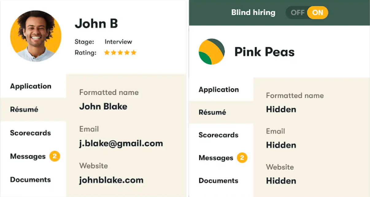Pinpoint blind hiring mode screenshot for the blog article "Hiring Bias: 3 Types Recruiting Leaders Should Be Aware Of"