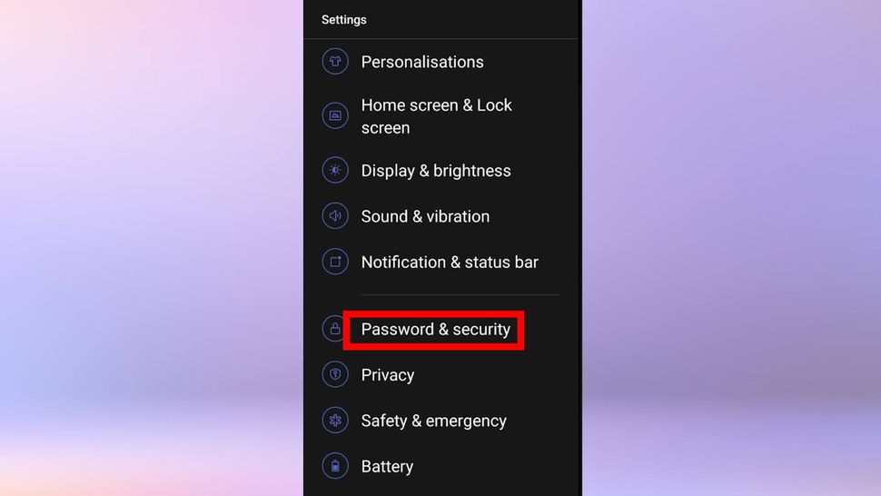 Navigate to the "Settings" menu, and choose "Password & security"