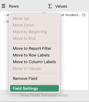 Screenshot of field settings in Excel for the blog article "How To Create a Pivot Table in Excel"