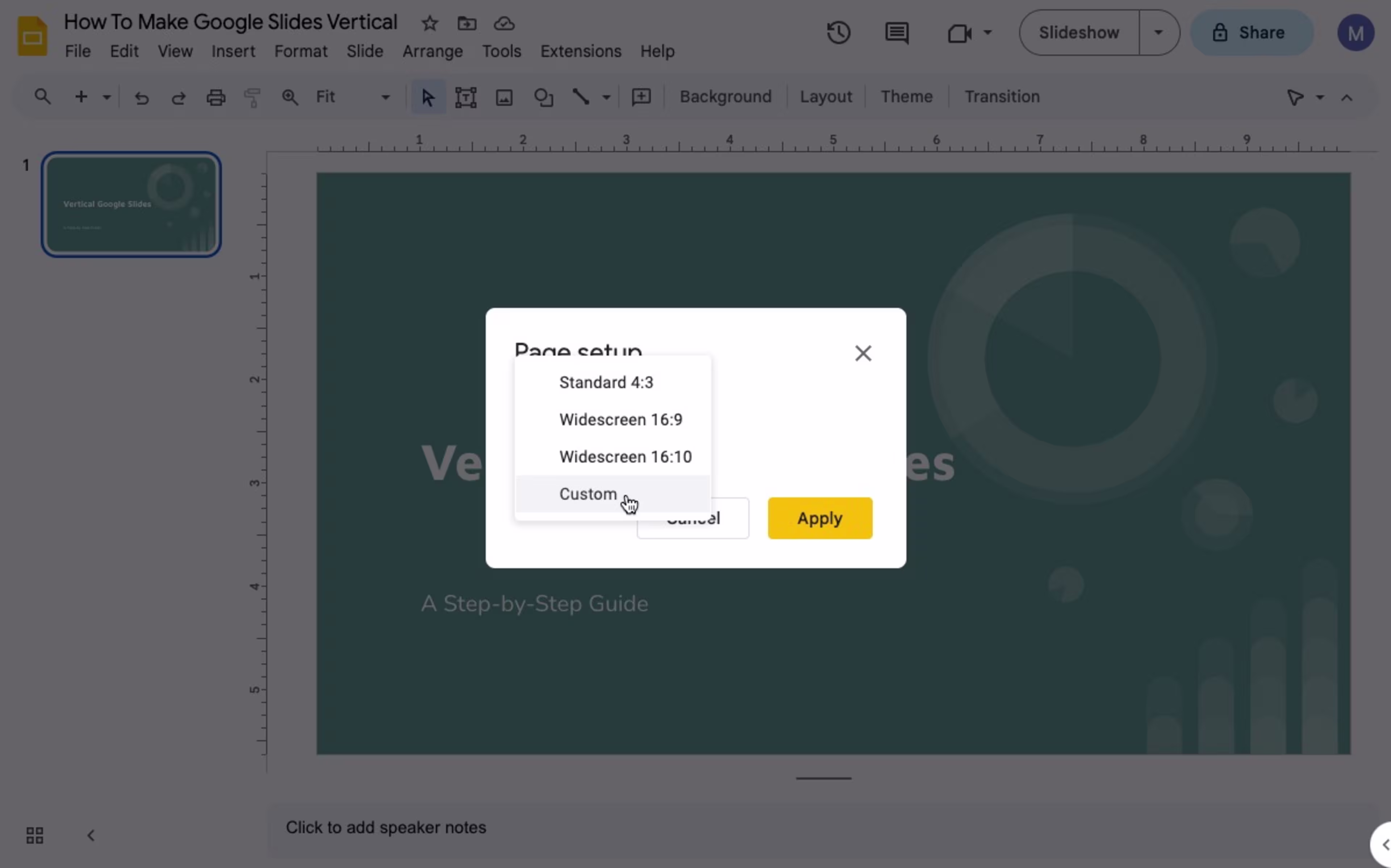 Graphic showing how to choose custom page setup in Google Slides