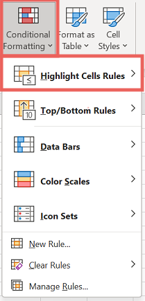 Navigate to conditional formatting then highlight cells rules graphic for the blog article "How To Remove Duplicates in Excel"