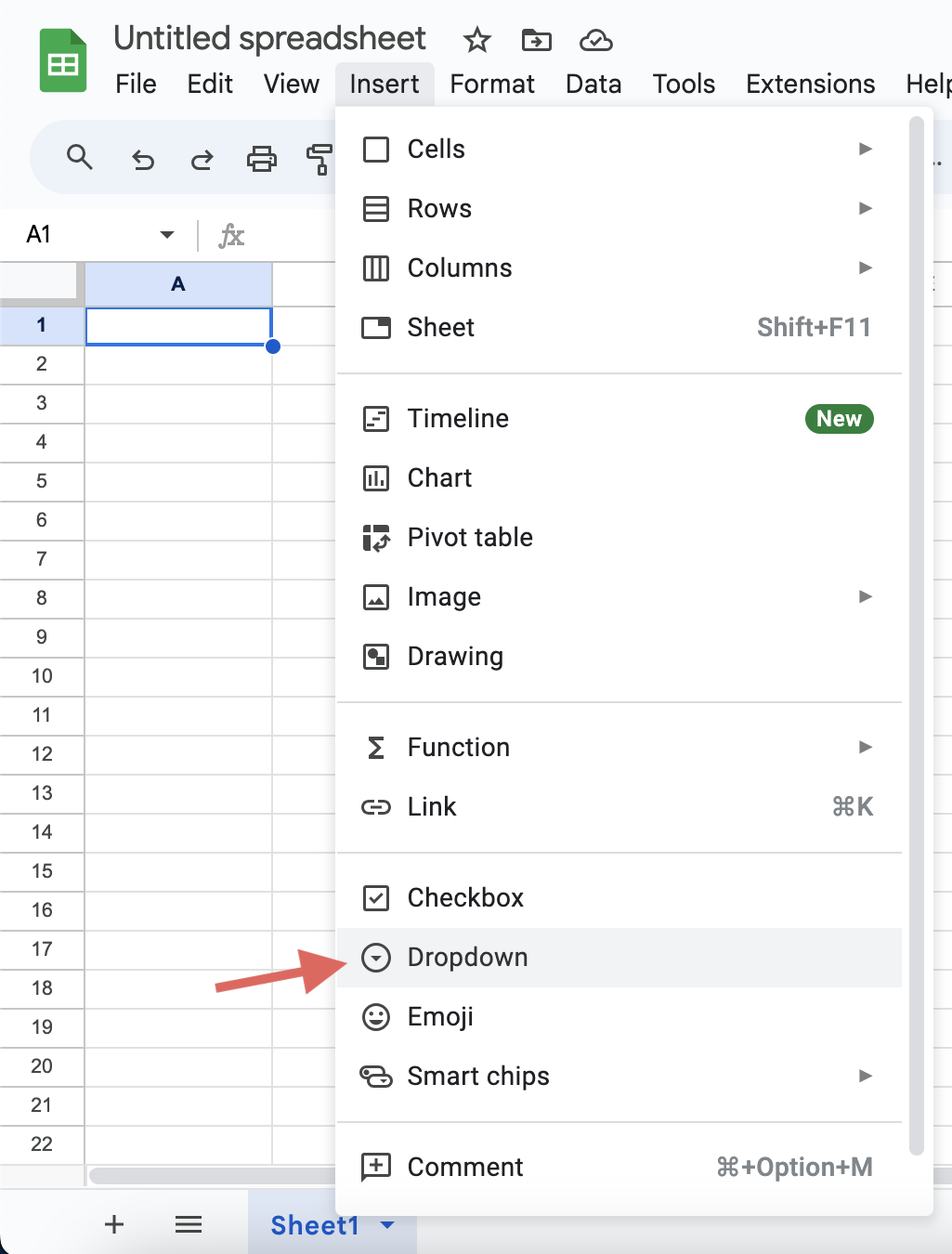 Click insert and dropdown screenshot for the blog article "How to Add a Drop Down List in Google Sheets: A Step-by-Step Guide"