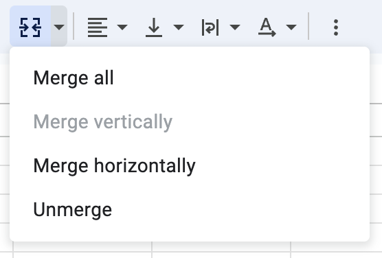 Screenshot of unmerge cells option in Google Sheets