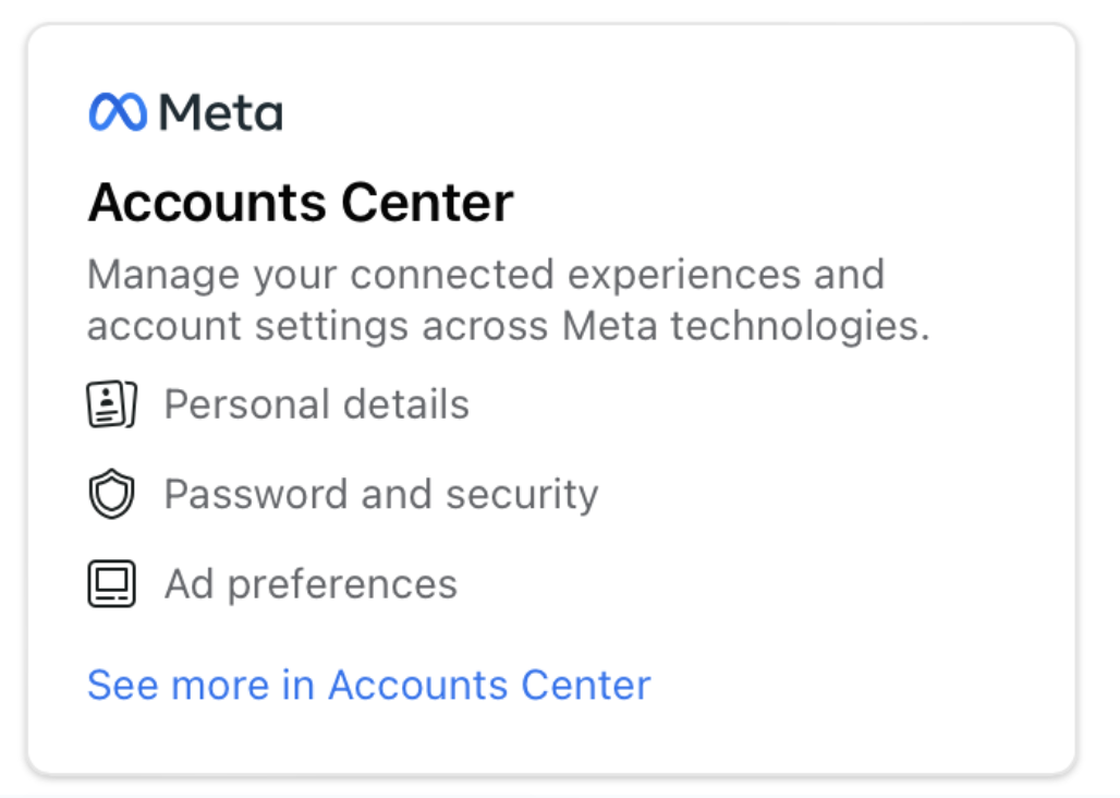 Settings menu to manage Facebook account (Screenshot provided by author)