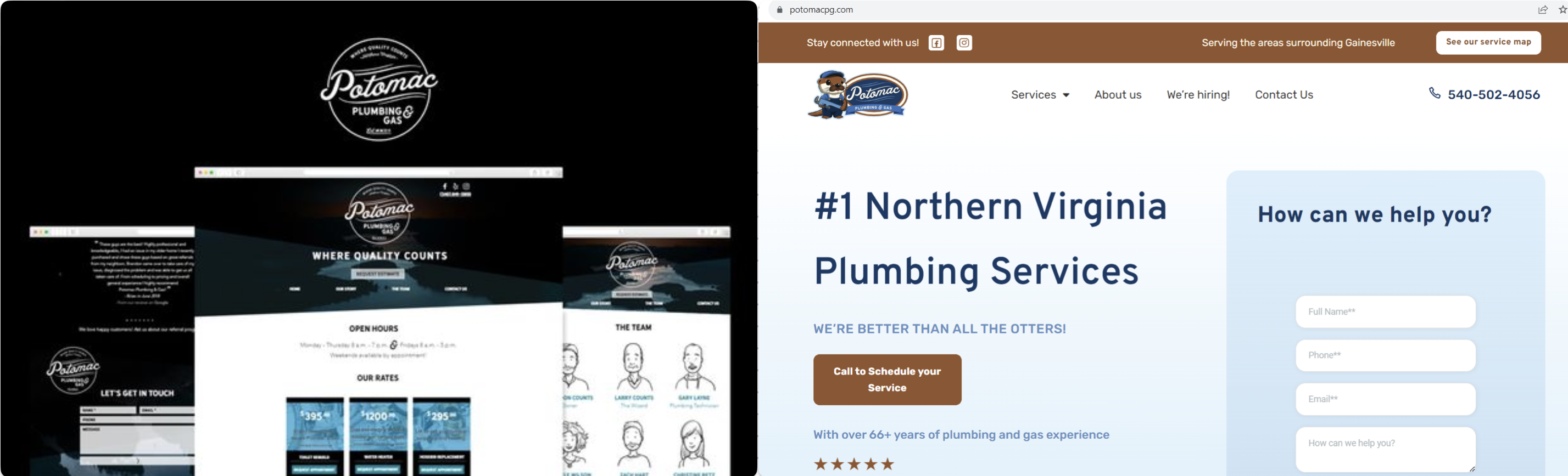 Potomac Plumbing and Gas Inc. old and new website screenshots for the blog article "How To Develop a Successful Website Redesign Strategy: Steps and Checklist"