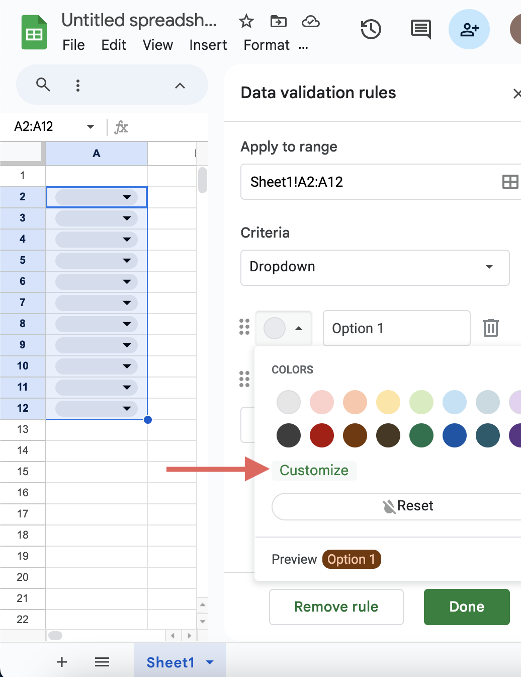 Click customize on the color menu screenshot for the blog article "How to Add a Drop Down List in Google Sheets: A Step-by-Step Guide"