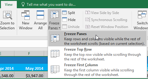 Graphic showing Freeze Panes dropdown option in Excel