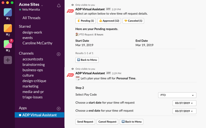 ADP Virtual Assistant integration with Slack