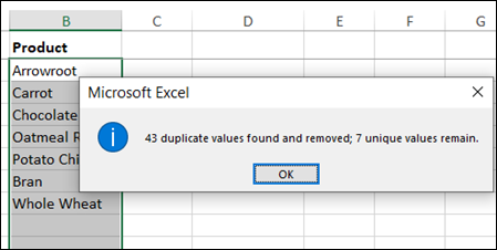 Press enter to remove duplicates screenshot for the blog article "How To Remove Duplicates in Excel"