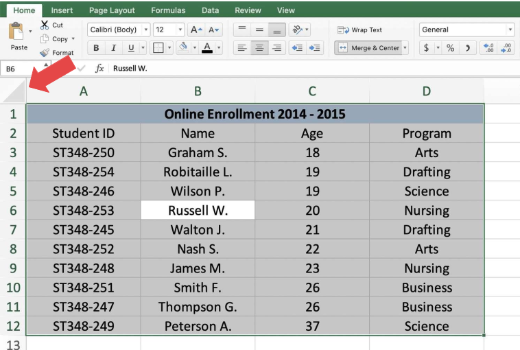 Screenshot showing how to select all data in Excel