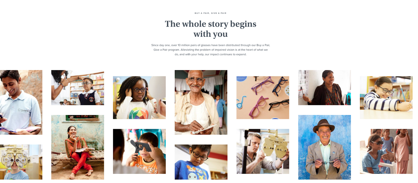 A screenshot from Warby Parker’s Buy a Pair, Give a Pair webpage