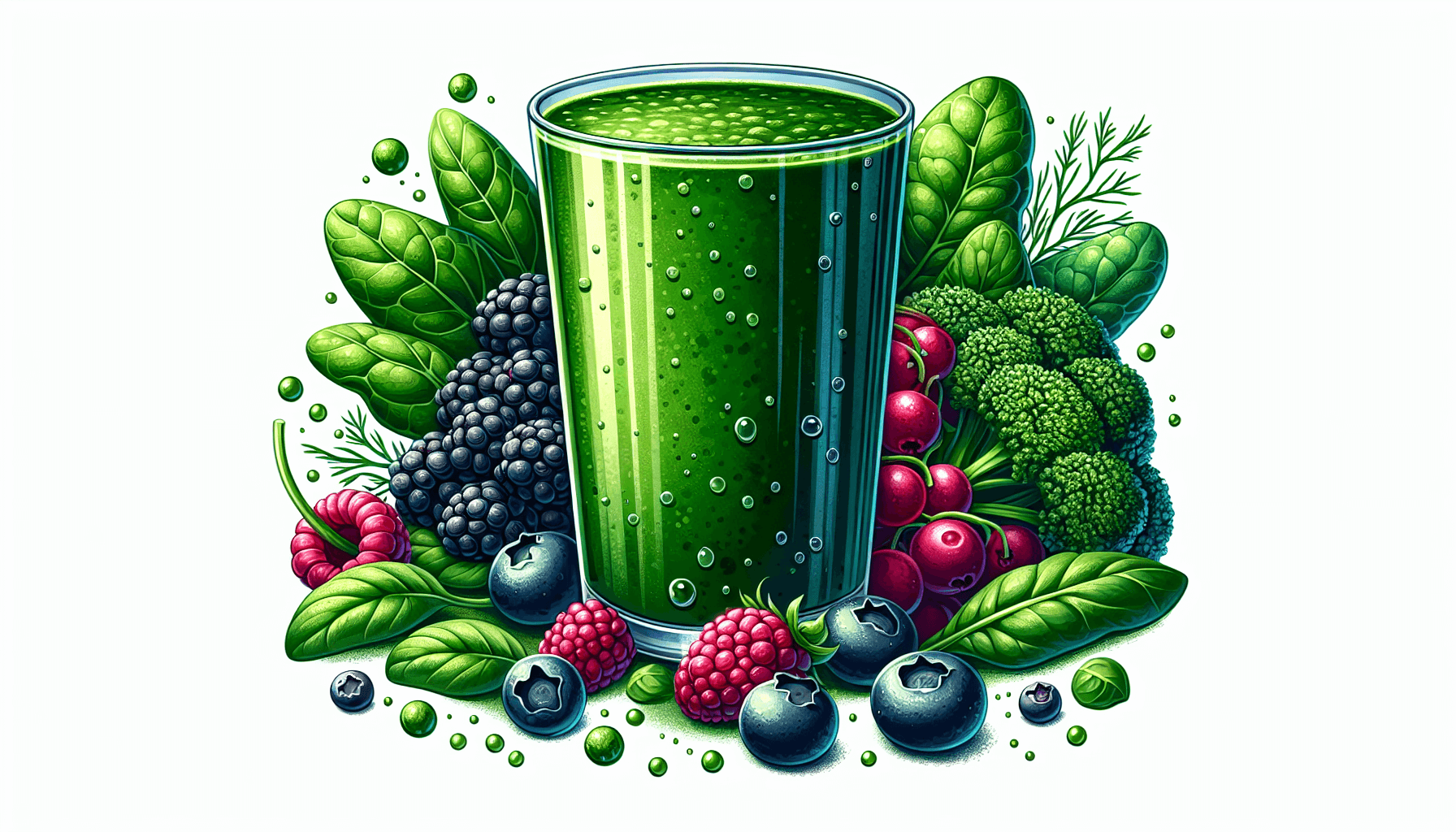 Blended green smoothie with spinach, kale, and berries