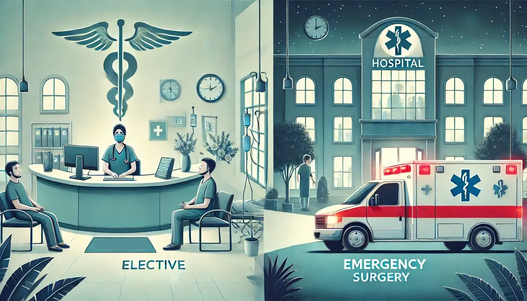 Elective vs emergency surgery.