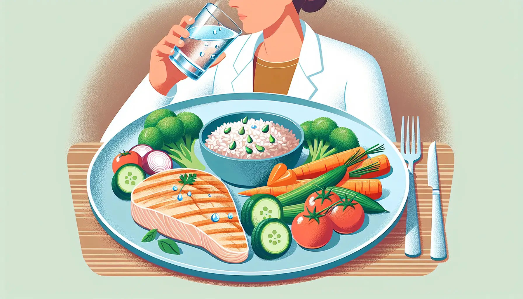 Dietary guidelines featuring healthy foods and hydration