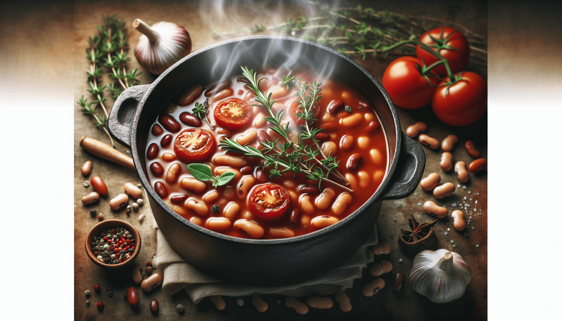 Hearty bean stew with tomatoes and herbs in a pot