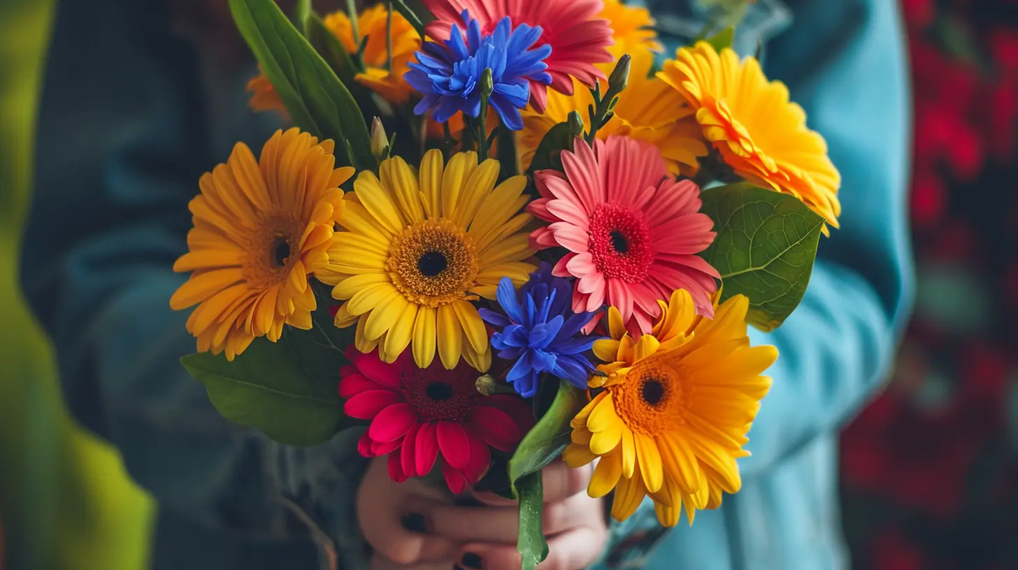 A person holding a bouquet of vibrant flowers