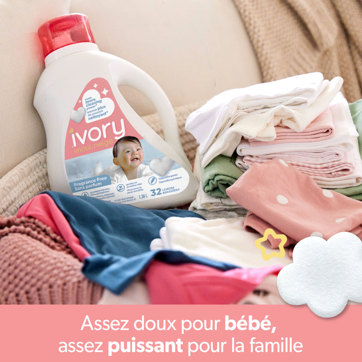 Le détergent à lessive liquide non parfumé Ivory Neige avec encore plus de pouvoir nettoyant comparé à Ivory Neige nouveau-né. 