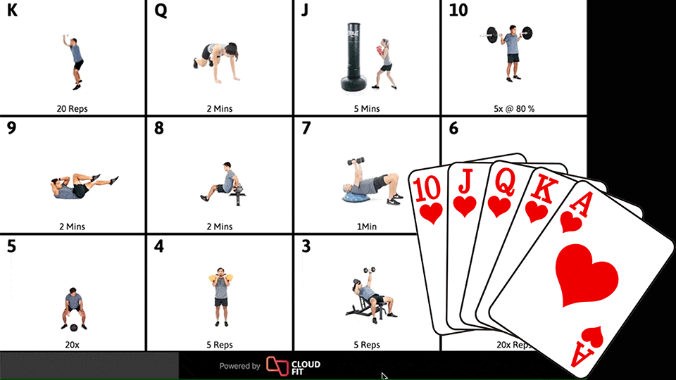12 exercises displayed on a screen labelled with card numbers and suits