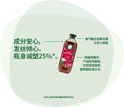 Herbal Essense：成分安心，发丝倾心。瓶身减塑25%*。香气融合经典花香与多汁果香。纯植物精华：产品所用植物均获英国皇家植物园邱园认证。（*与400ml装草本精华柔顺玫瑰果系列对比）。
