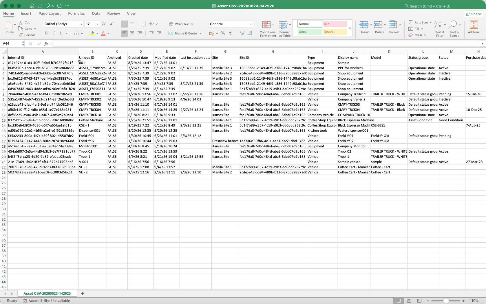 Le fichier CSV de l'actif ouvert dans Excel avec les données d'actif existantes.