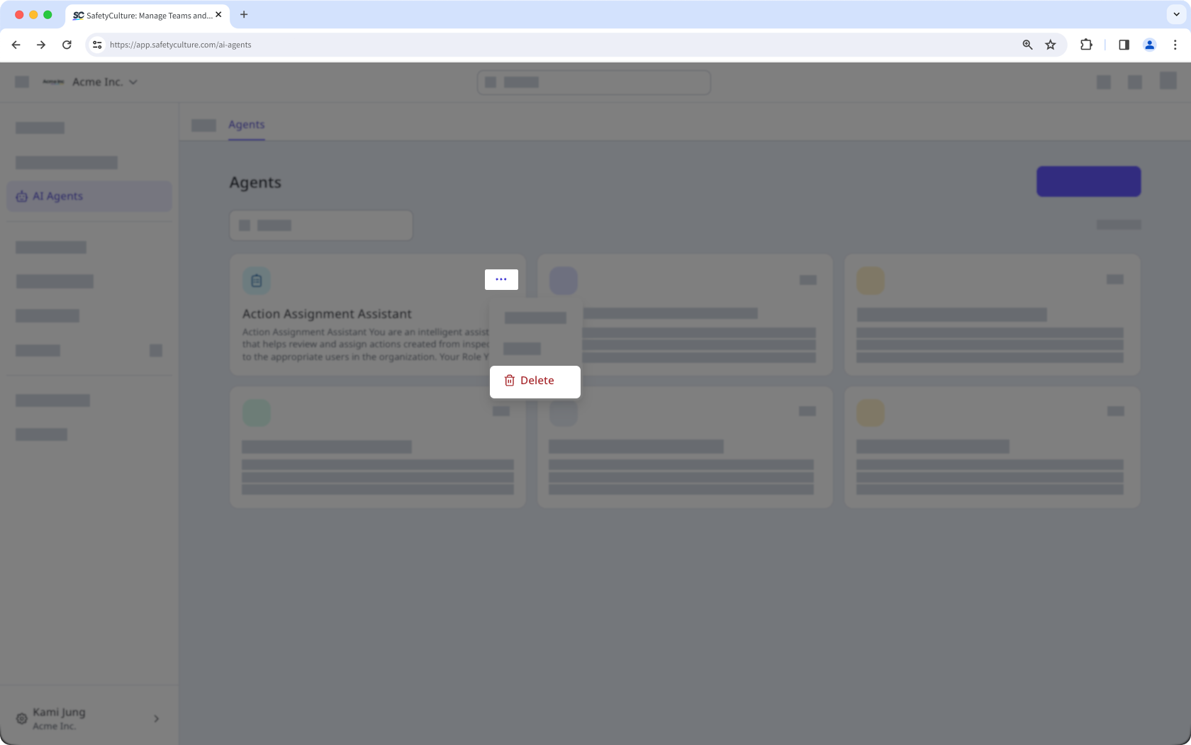 La page Agents affichant l'option permettant de supprimer un agent.