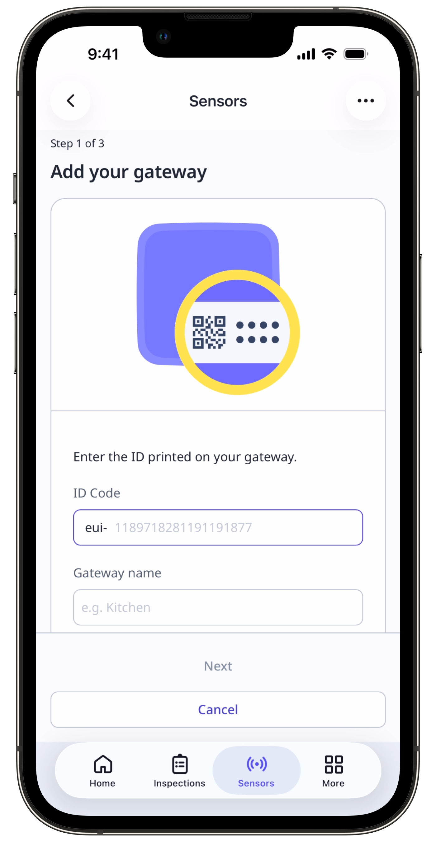 Der Bildschirm "Gateway hinzufügen" mit Eingabefeldern für den ID-Code und den Gateway-Namen.