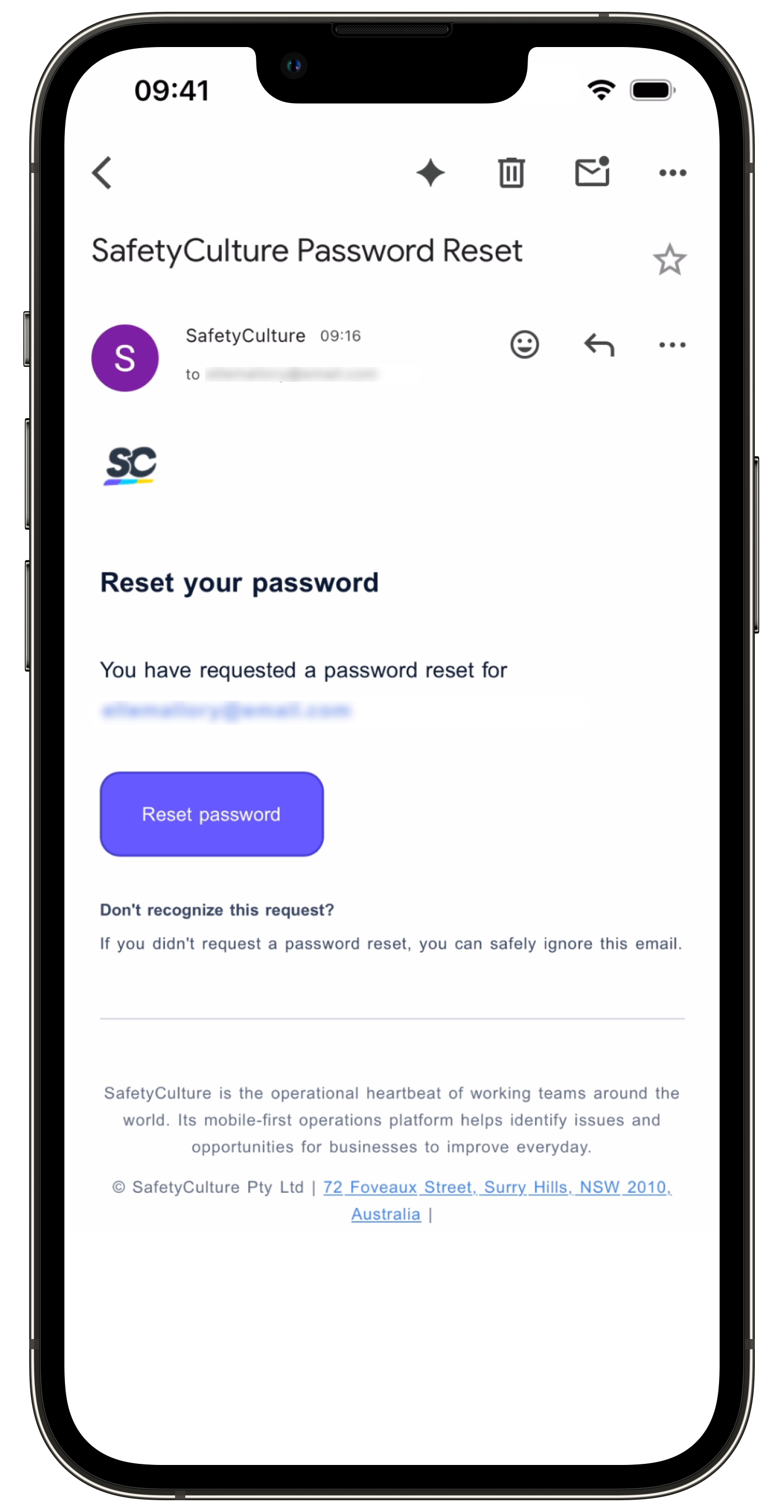 The email received after entering an account email and selecting Continue