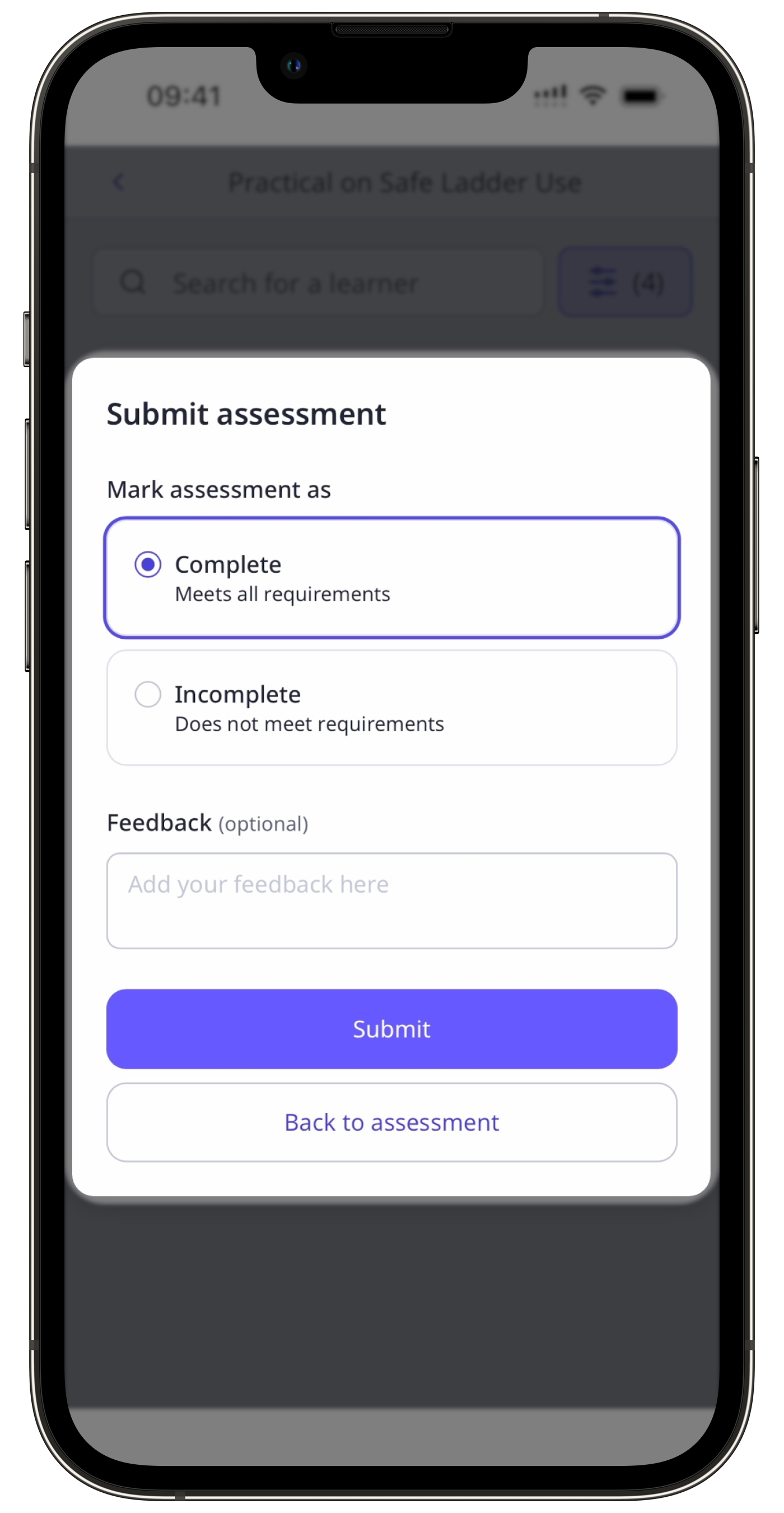 The practical assessment screen with the ‘Complete’ and ‘Incomplete’ options visible in the mobile app.