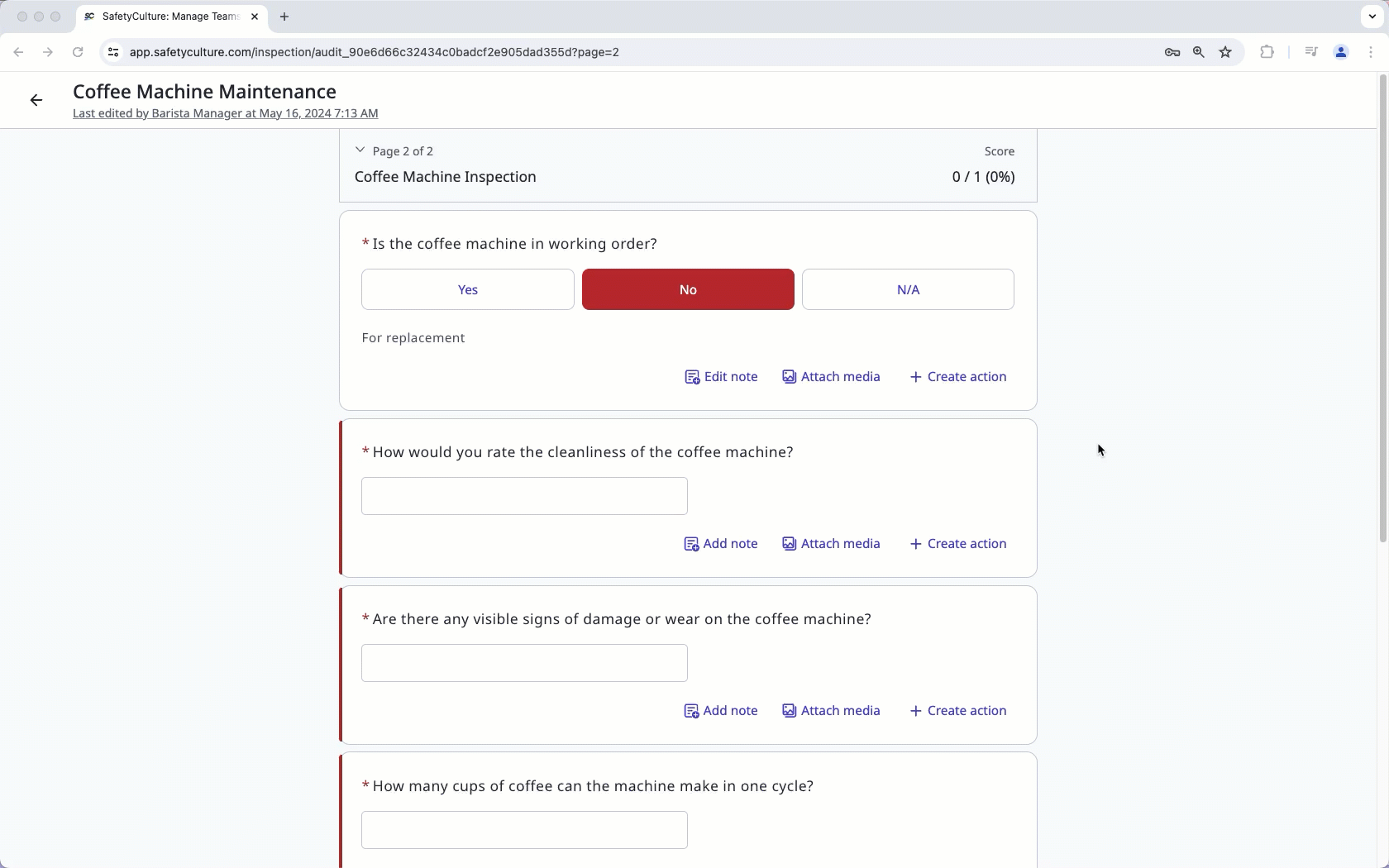Create an action while conducting an inspection via the web app.