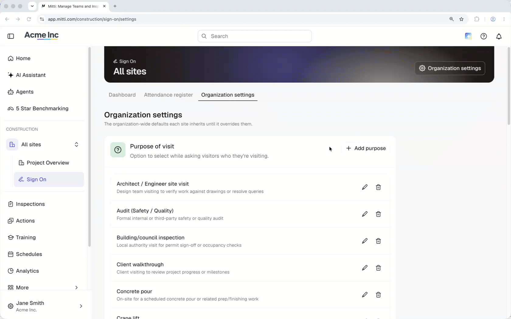 Click '+ Add purpose' in Organization settings and enter a name and description to add a new purpose of visit.
