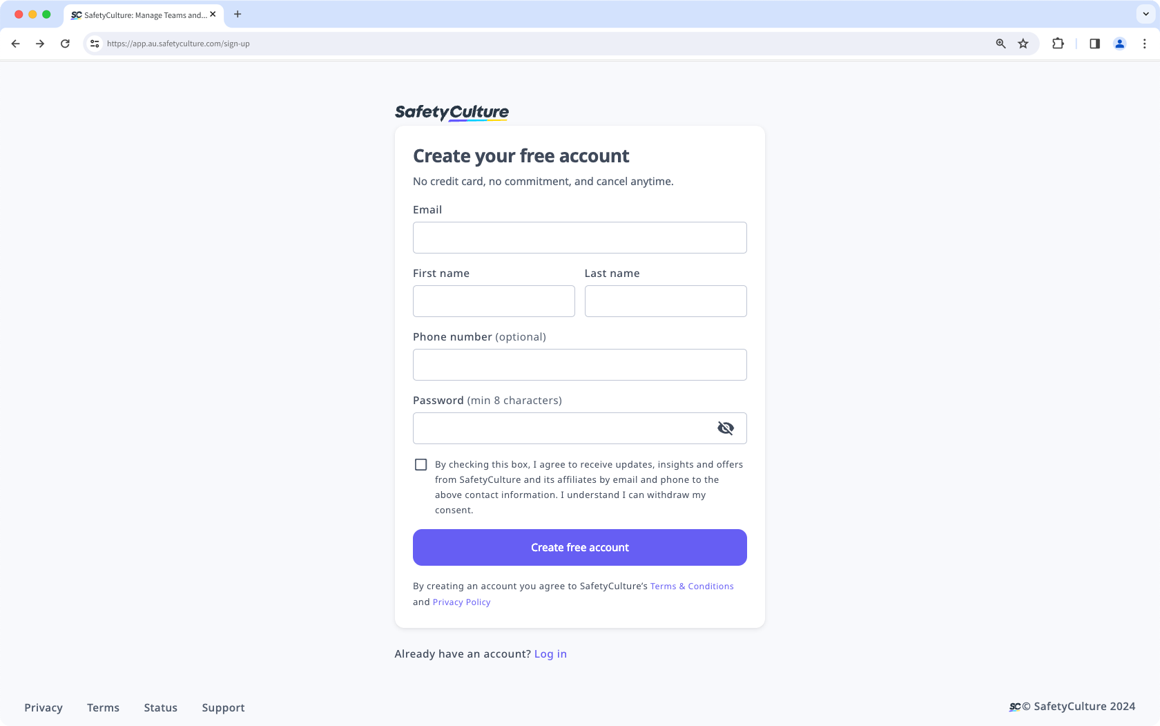 Registrarse en SafetyCulture a través de la aplicación web