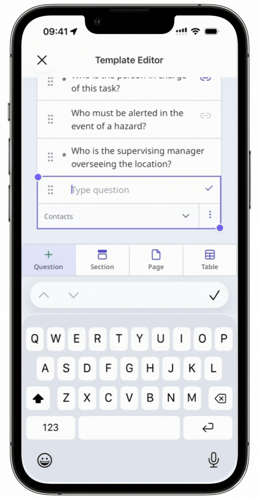 Create a signature response question via the mobile app.