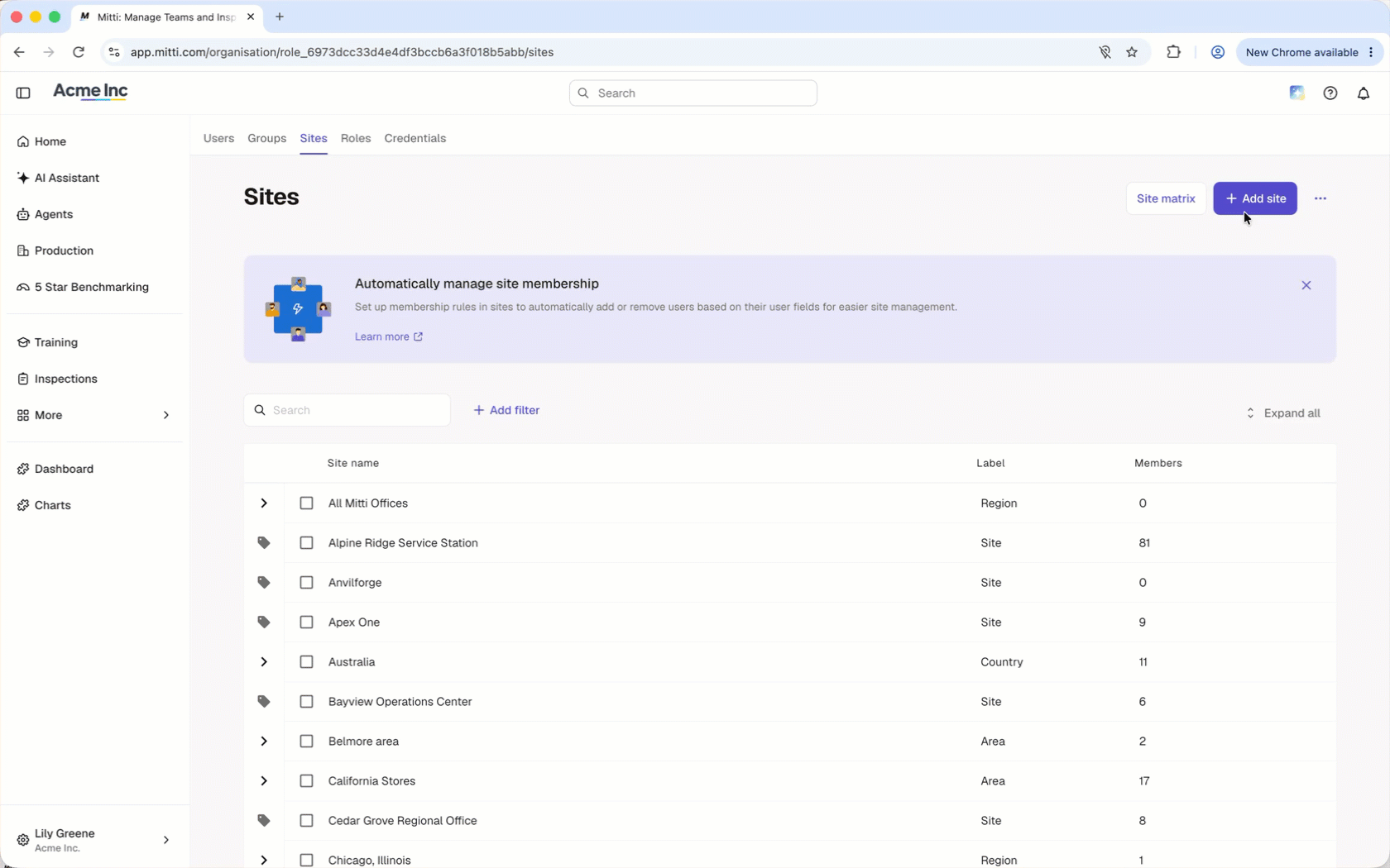 Configure the details and organization fields to create a site.