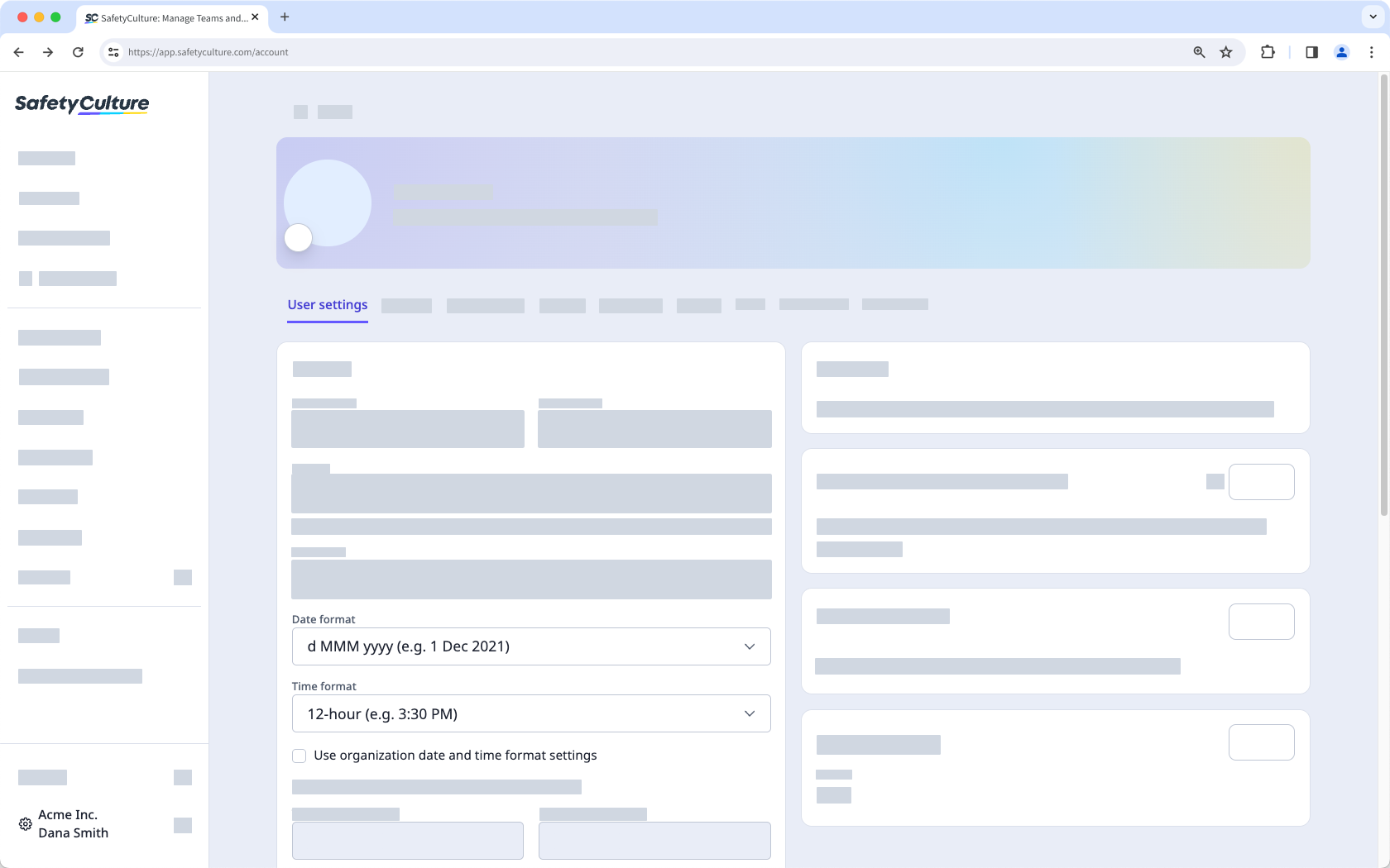 Edite los ajustes del formato de fecha y hora de su cuenta de SafetyCulture a través de la aplicación web.