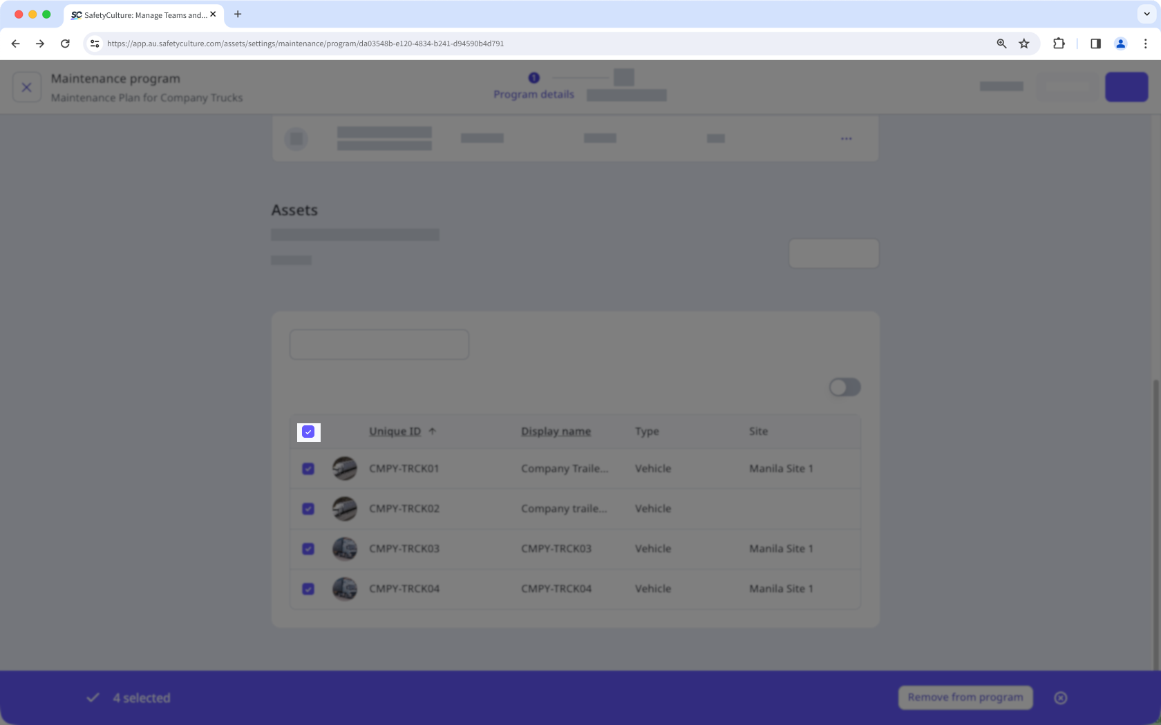 Marque la casilla del encabezado de la tabla para seleccionar todos los activos visibles que desee añadir o eliminar de un sitio a través de la aplicación web.