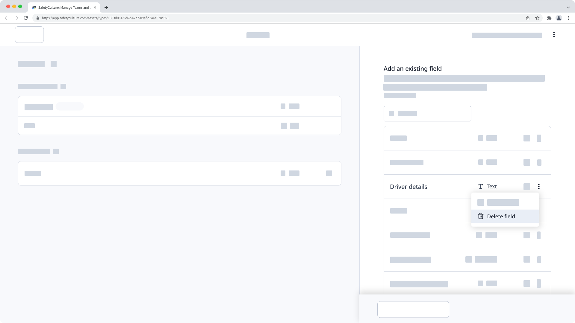 The "Delete field" button visible in the Add an existing field sidebar.