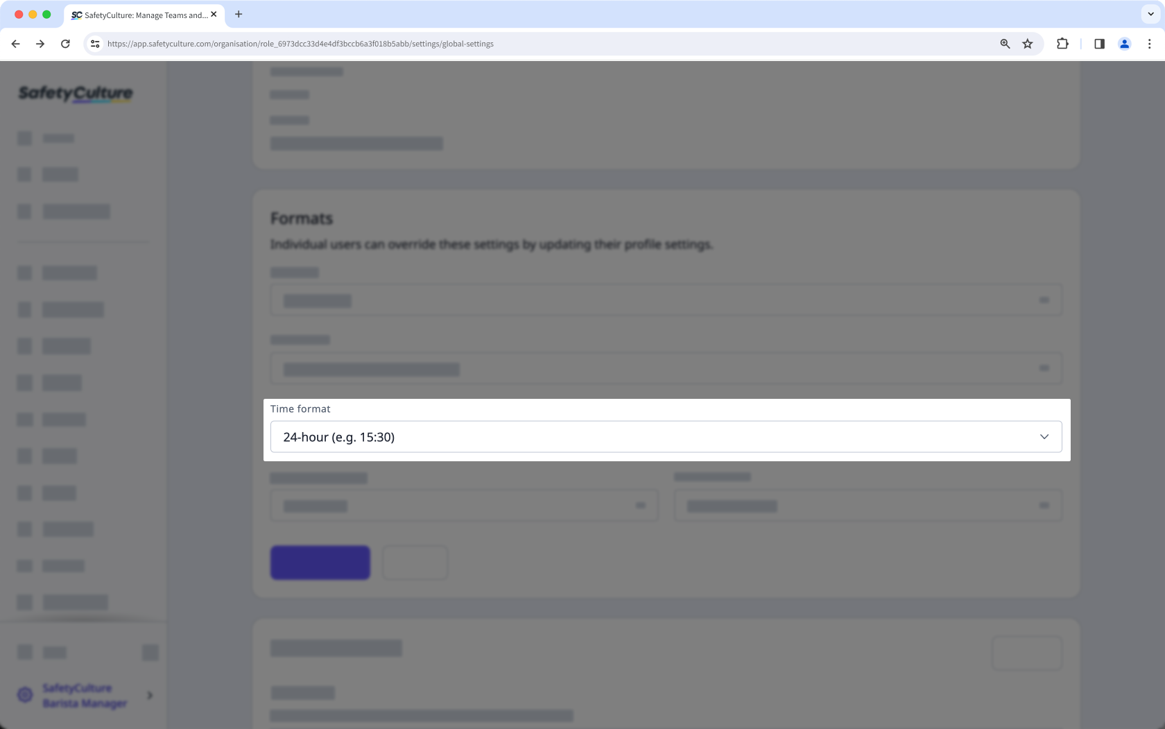 Cambie el formato de hora de su organización a través de la aplicación web.