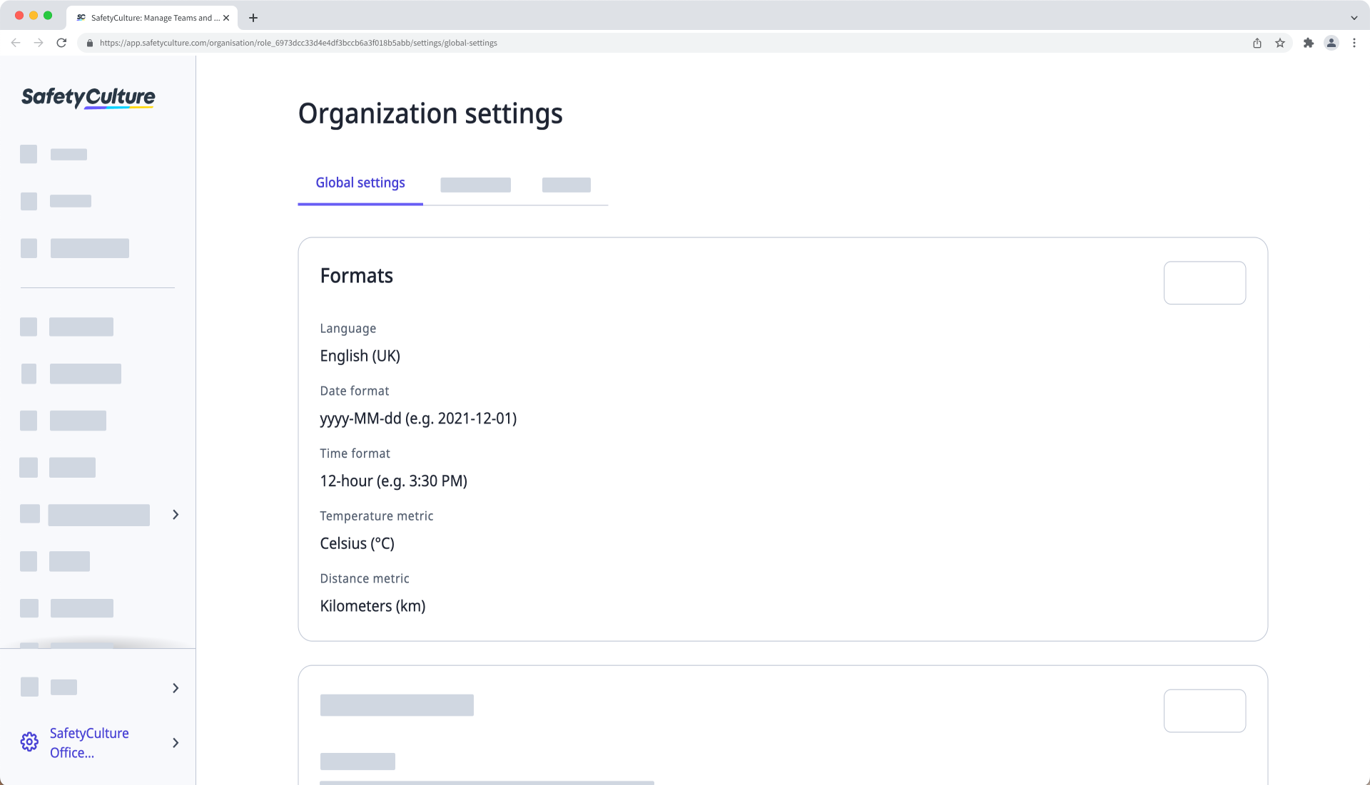 Ver Formatos en los ajustes de la organización a través de la aplicación web.